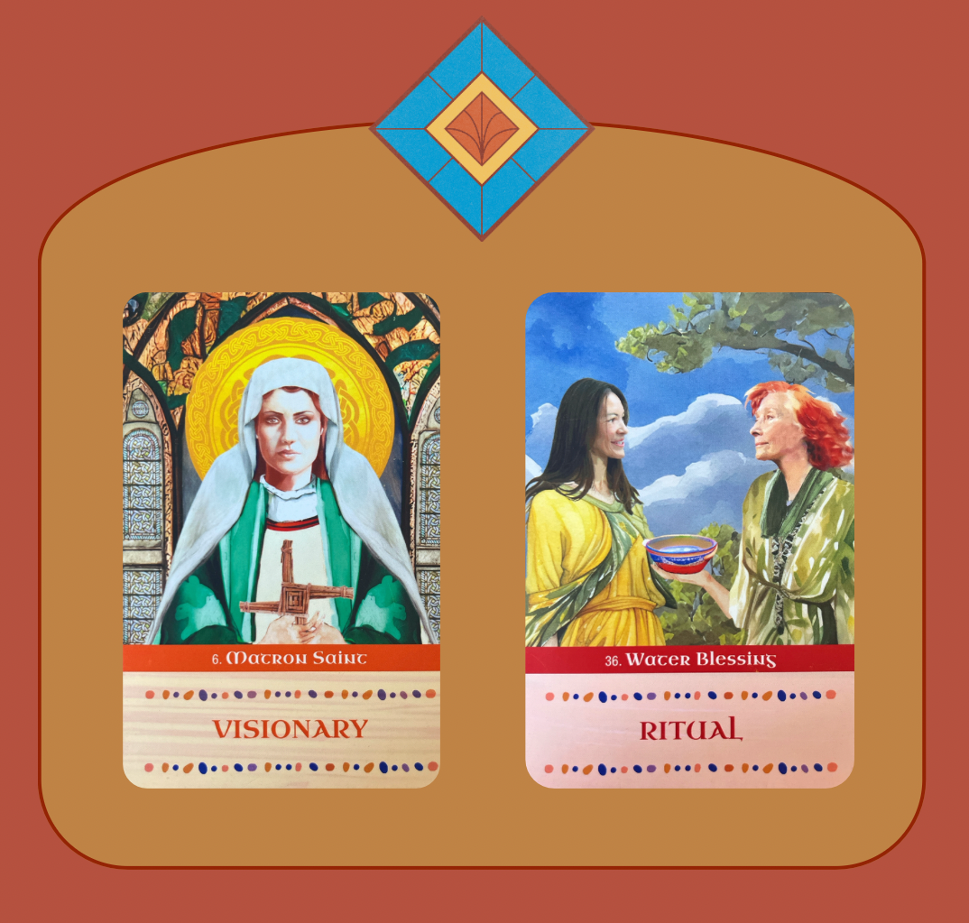 Two oracle cards are shown. Brigid is a veiled redheaded woman holding a woven cross. In the second image she is an older woman offering water to a younger brunette woman.